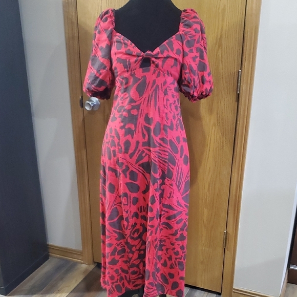 Every Red and Brown Sweetheart Puff Sleeve Midi Dress Linen Blend - Picture 1 of 12